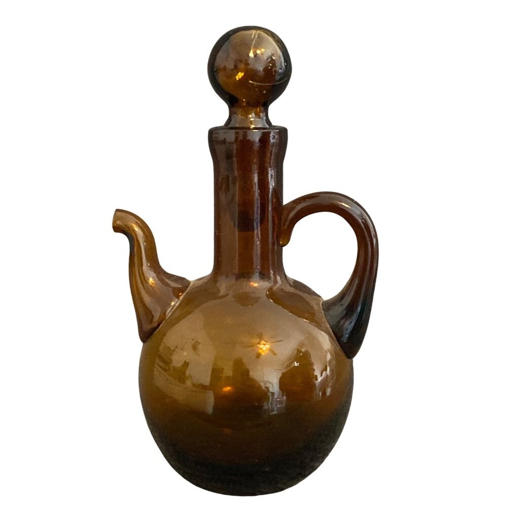VTG Cruet Bottle Brown Amber hand blown Glass Pitcher Jug 5.5 Inch Oil Vinegar